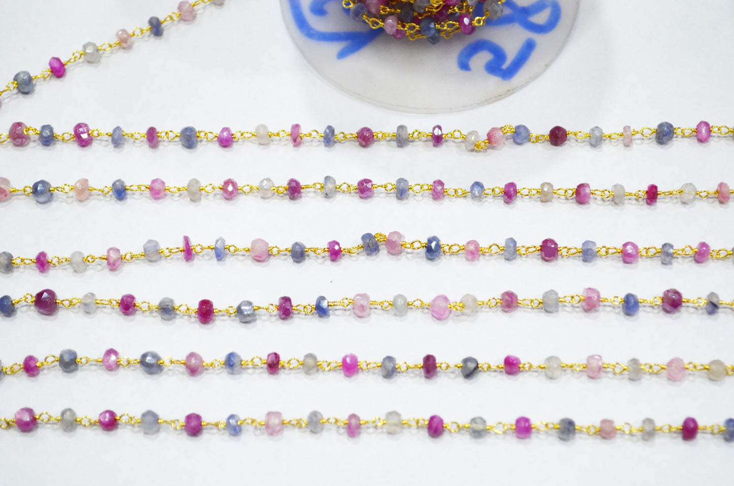 Sapphire Colored Moonstone Faceted Rondelle Shape Rosary Beaded Chain , Ruby Colored Moonstone Wire Wrapped Chain , 4 - 4.75 mm , RB-5821