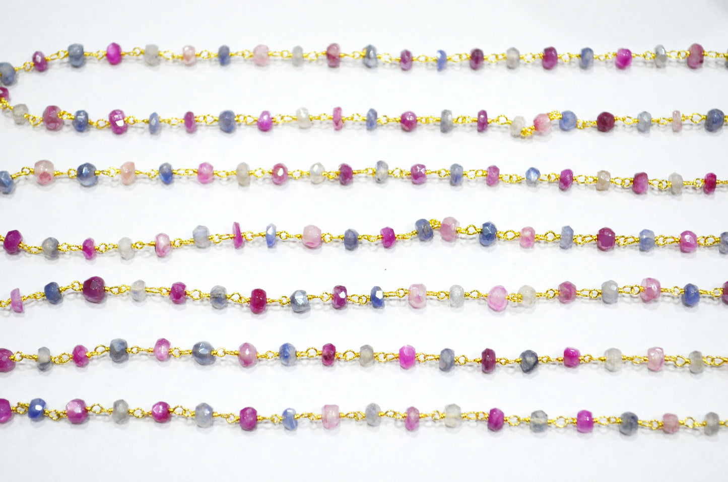 Sapphire Colored Moonstone Faceted Rondelle Shape Rosary Beaded Chain , Ruby Colored Moonstone Wire Wrapped Chain , 4 - 4.75 mm , RB-5821