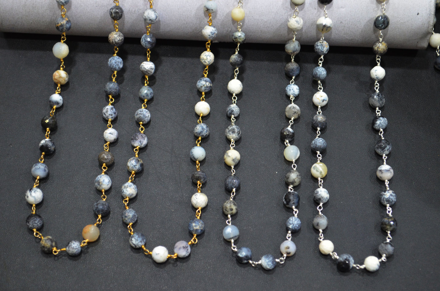 Dendrite Opal Faceted Round Shape Rosary Beaded Chain , 7 - 7.50 mm , RB-5824
