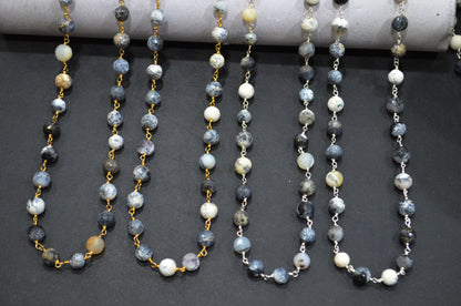 Dendrite Opal Faceted Round Shape Rosary Beaded Chain , 7 - 7.50 mm , RB-5824