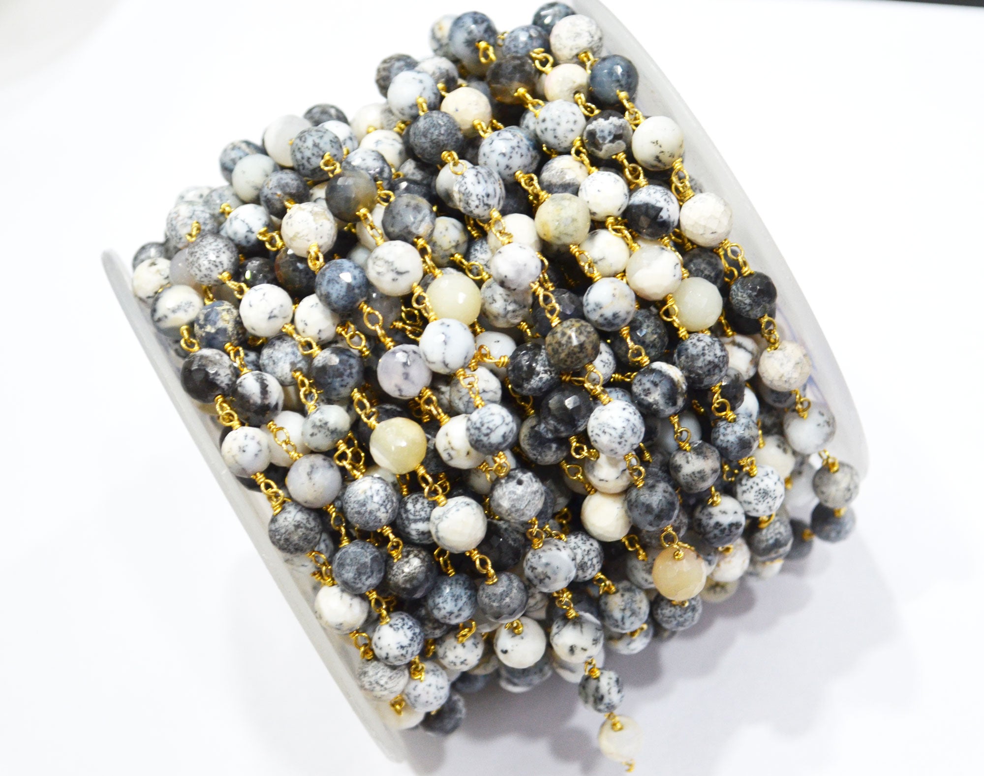 Dendrite Opal Faceted Round Shape Rosary Beaded Chain , 7 - 7.50 mm , RB-5824