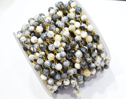 Dendrite Opal Faceted Round Shape Rosary Beaded Chain , 7 - 7.50 mm , RB-5824