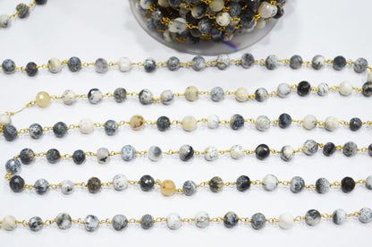 Dendrite Opal Faceted Round Shape Rosary Beaded Chain , 7 - 7.50 mm , RB-5824
