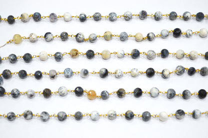 Dendrite Opal Faceted Round Shape Rosary Beaded Chain , 7 - 7.50 mm , RB-5824