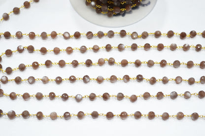 Chocolate Moonstone Faceted Rondelle Shape Rosary Beaded Chain , 6.50 - 6.75 mm , RB-5825