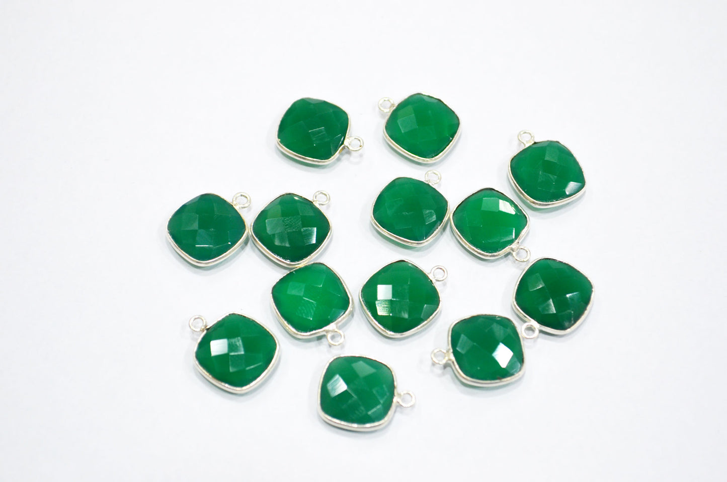Green Onyx Faceted Cushion Shape Connector , Sold By Piece , 13 mm , RB-5830