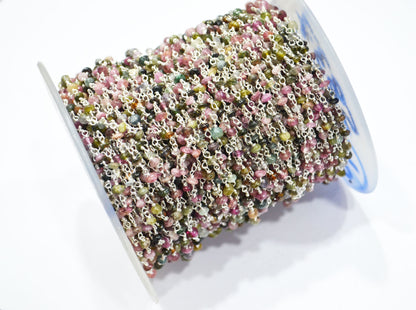 Multi Tourmaline Uneven Button Shape Rosary Beaded Chain , Sold By Foot , 3 - 3.50 mm , RB-5837