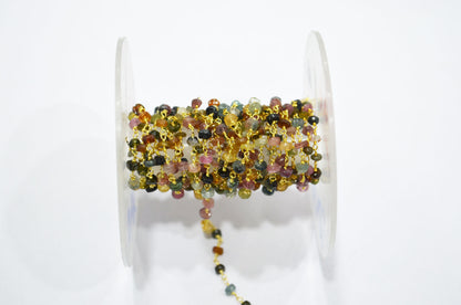 Multi Tourmaline Faceted Rondelle Shape Rosary Beaded Chain , Sold By Foot , 4 - 4.50 mm , RB-5840