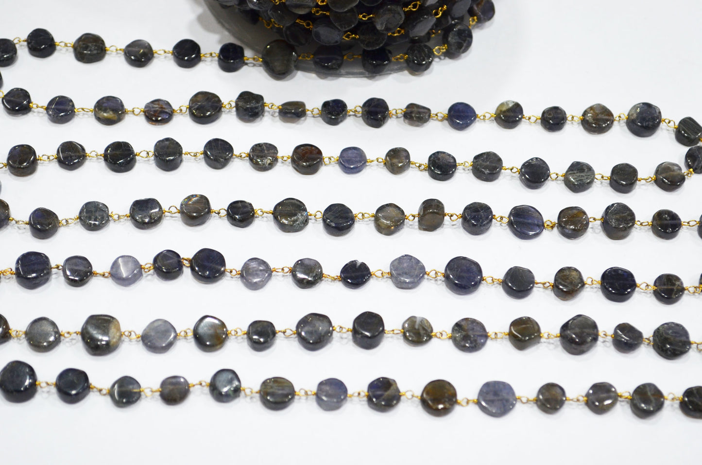 Iolite Coin Shape Rosary Beaded Chain , Sold By Foot , 7 - 10 mm , RB-5842