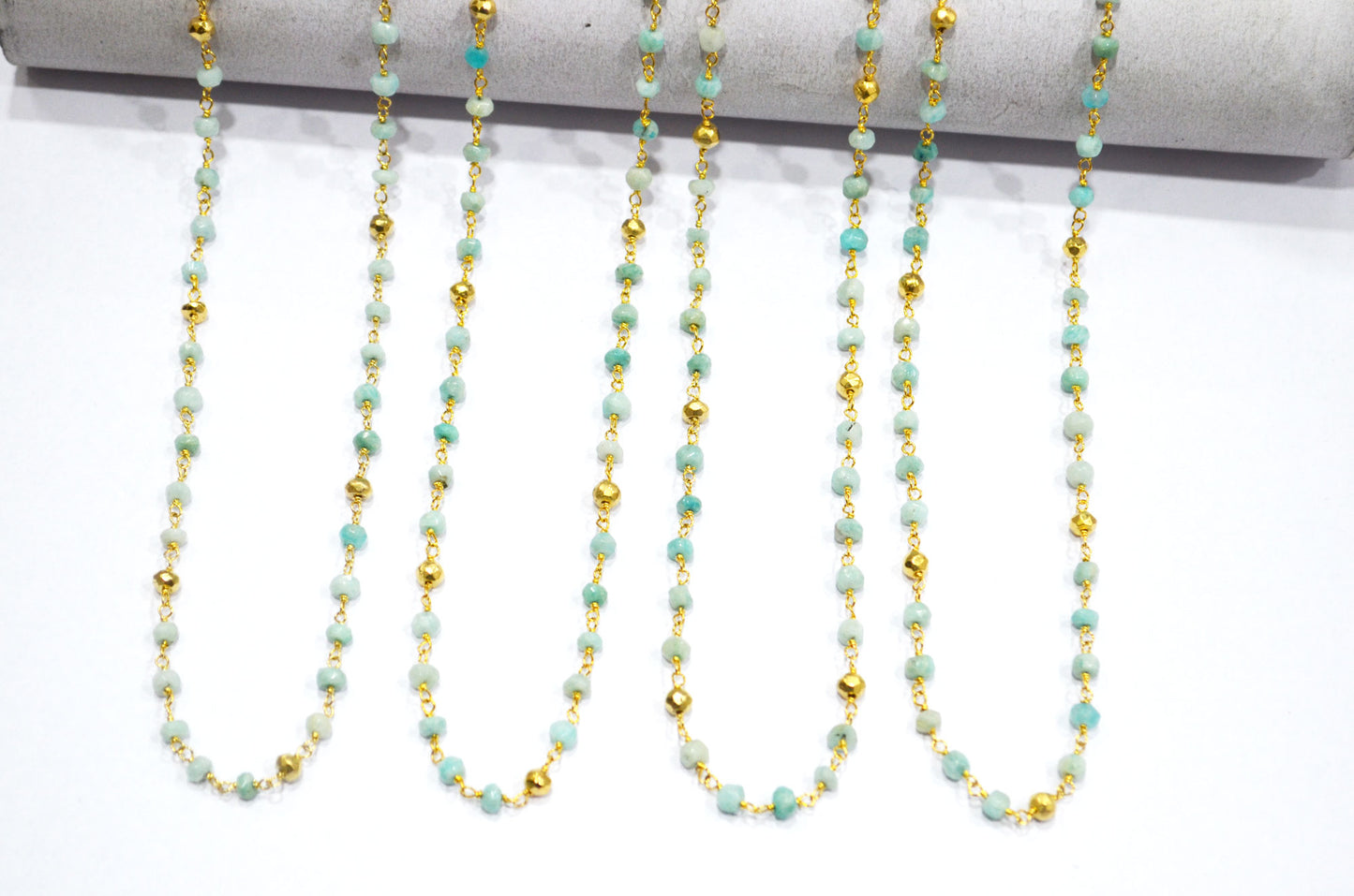 Amazonite Faceted Rondelle Shape Rosary Beaded Chain , Amazonite With Gold Pyrite Rondelle Shape Wire Wrapped Chain , 4 - 4.50 mm , RB-5843