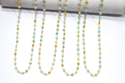 Amazonite Faceted Rondelle Shape Rosary Beaded Chain , Amazonite With Gold Pyrite Rondelle Shape Wire Wrapped Chain , 4 - 4.50 mm , RB-5843