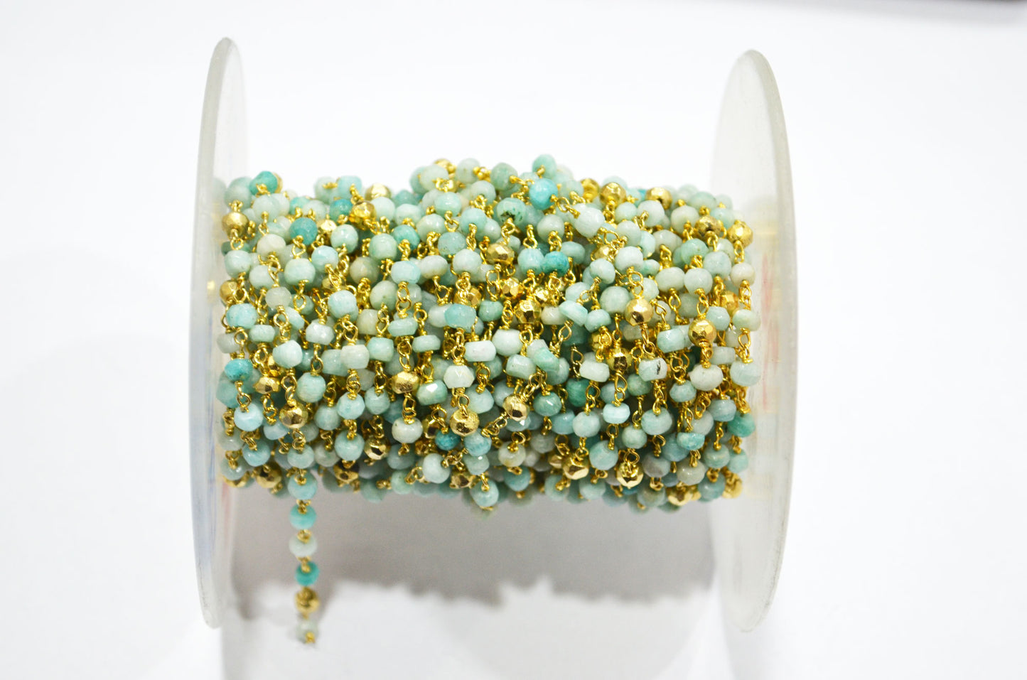 Amazonite Faceted Rondelle Shape Rosary Beaded Chain , Amazonite With Gold Pyrite Rondelle Shape Wire Wrapped Chain , 4 - 4.50 mm , RB-5843