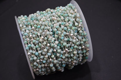 Amazonite Faceted Rondelle Shape Rosary Beaded Chain , Amazonite With Gold Pyrite Rondelle Shape Wire Wrapped Chain , 4 - 4.50 mm , RB-5843