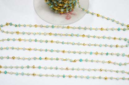Amazonite Faceted Rondelle Shape Rosary Beaded Chain , Amazonite With Gold Pyrite Rondelle Shape Wire Wrapped Chain , 4 - 4.50 mm , RB-5843