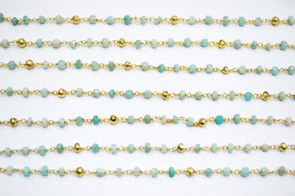 Amazonite Faceted Rondelle Shape Rosary Beaded Chain , Amazonite With Gold Pyrite Rondelle Shape Wire Wrapped Chain , 4 - 4.50 mm , RB-5843