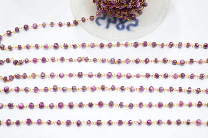 Ruby Colored Moonstone Faceted Rondelle Shape Rosary Beaded Chain , 4 - 4.75 mm , RB-5845