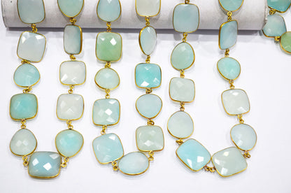 Aqua Chalcedony Faceted Cushion Shape Connector Chain , Aqua Chalcedony Egg Shape Bezel Link Chain , 22 - 24 mm , RB-5848