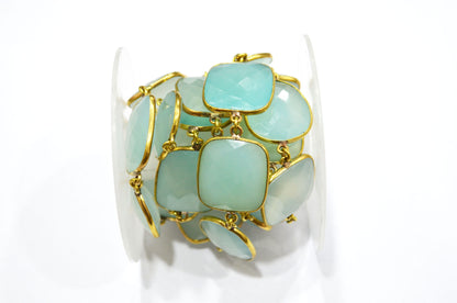 Aqua Chalcedony Faceted Cushion Shape Connector Chain , Aqua Chalcedony Egg Shape Bezel Link Chain , 22 - 24 mm , RB-5848