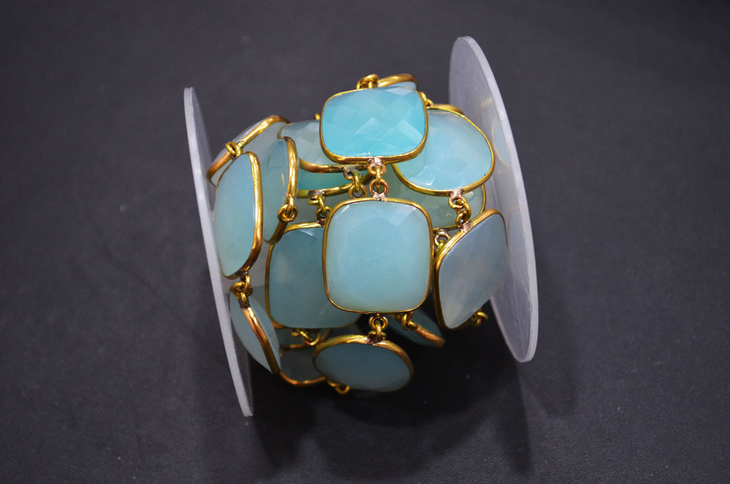 Aqua Chalcedony Faceted Cushion Shape Connector Chain , Aqua Chalcedony Egg Shape Bezel Link Chain , 22 - 24 mm , RB-5848