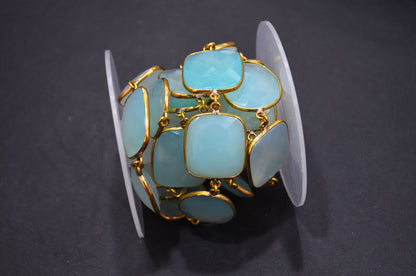 Aqua Chalcedony Faceted Cushion Shape Connector Chain , Aqua Chalcedony Egg Shape Bezel Link Chain , 22 - 24 mm , RB-5848
