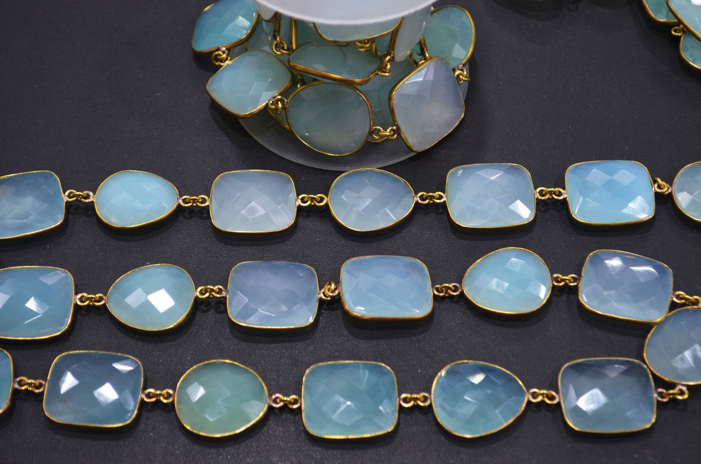 Aqua Chalcedony Faceted Cushion Shape Connector Chain , Aqua Chalcedony Egg Shape Bezel Link Chain , 22 - 24 mm , RB-5848