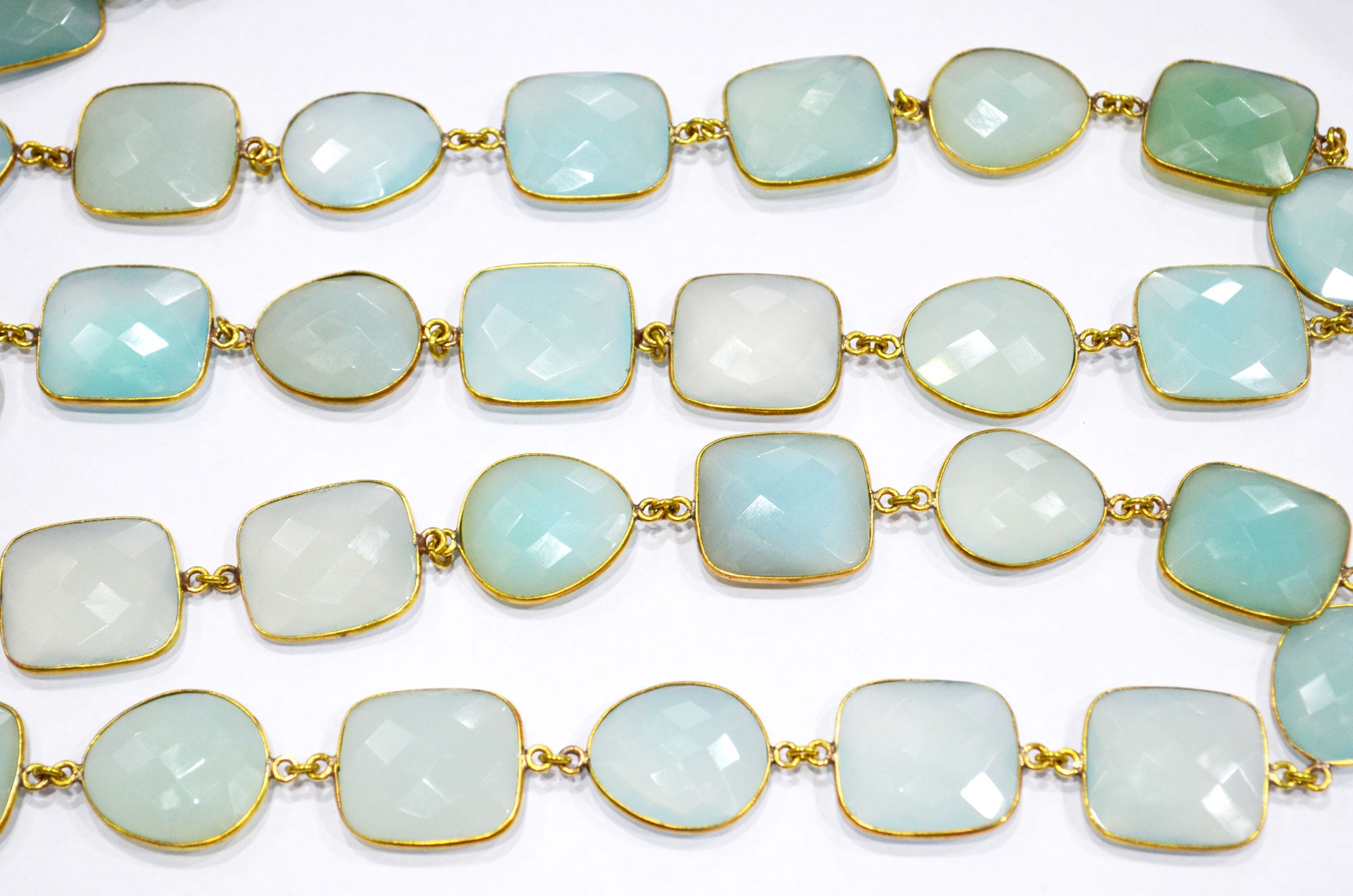 Aqua Chalcedony Faceted Cushion Shape Connector Chain , Aqua Chalcedony Egg Shape Bezel Link Chain , 22 - 24 mm , RB-5848
