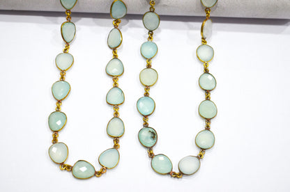 Aqua Chalcedony Faceted Connector Chain , Aqua Chalcedony Egg Shape Bezel Link Chain , 12x13 mm , RB-5849