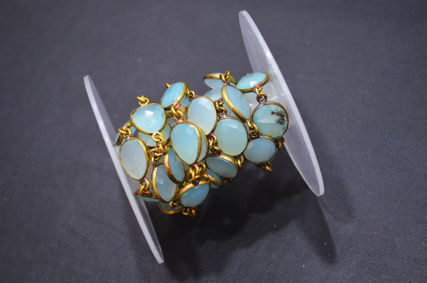 Aqua Chalcedony Faceted Connector Chain , Aqua Chalcedony Egg Shape Bezel Link Chain , 12x13 mm , RB-5849