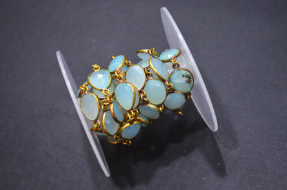 Aqua Chalcedony Faceted Connector Chain , Aqua Chalcedony Egg Shape Bezel Link Chain , 12x13 mm , RB-5849