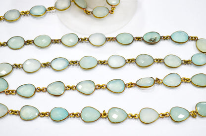 Aqua Chalcedony Faceted Connector Chain , Aqua Chalcedony Egg Shape Bezel Link Chain , 12x13 mm , RB-5849