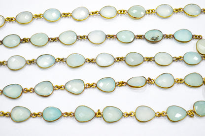 Aqua Chalcedony Faceted Connector Chain , Aqua Chalcedony Egg Shape Bezel Link Chain , 12x13 mm , RB-5849