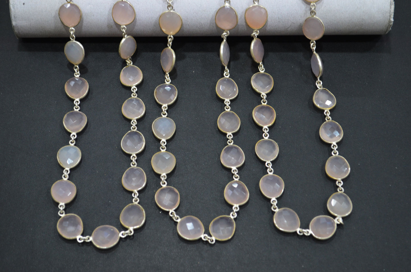 Rose Chalcedony Faceted Connector Chain , Rose Chalcedony Egg Shape Bezel Link Chain , 12x13 mm , RB-5850