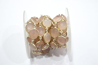 Rose Chalcedony Faceted Connector Chain , Rose Chalcedony Egg Shape Bezel Link Chain , 12x13 mm , RB-5850