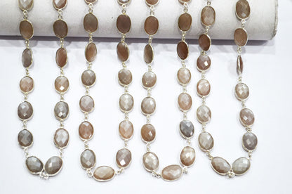 Chocolate Moonstone Faceted Connector Chain , Chocolate Moonstone Oval Shape Bezel Link Chain , 11x14 mm , RB-5853