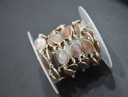 Chocolate Moonstone Faceted Connector Chain , Chocolate Moonstone Oval Shape Bezel Link Chain , 11x14 mm , RB-5853
