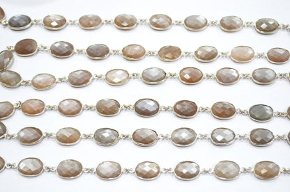 Chocolate Moonstone Faceted Connector Chain , Chocolate Moonstone Oval Shape Bezel Link Chain , 11x14 mm , RB-5853