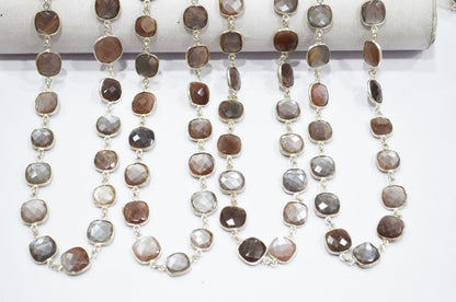 Chocolate Moonstone Faceted Connector Chain , Chocolate Moonstone Cushion Shape Bezel Link Chain , 10 - 12 mm , RB-5854