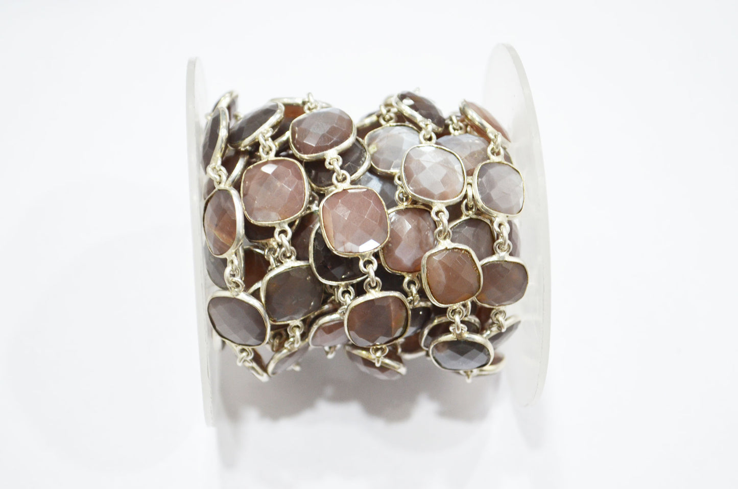 Chocolate Moonstone Faceted Connector Chain , Chocolate Moonstone Cushion Shape Bezel Link Chain , 10 - 12 mm , RB-5854