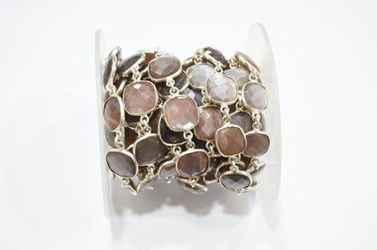 Chocolate Moonstone Faceted Connector Chain , Chocolate Moonstone Cushion Shape Bezel Link Chain , 10 - 12 mm , RB-5854