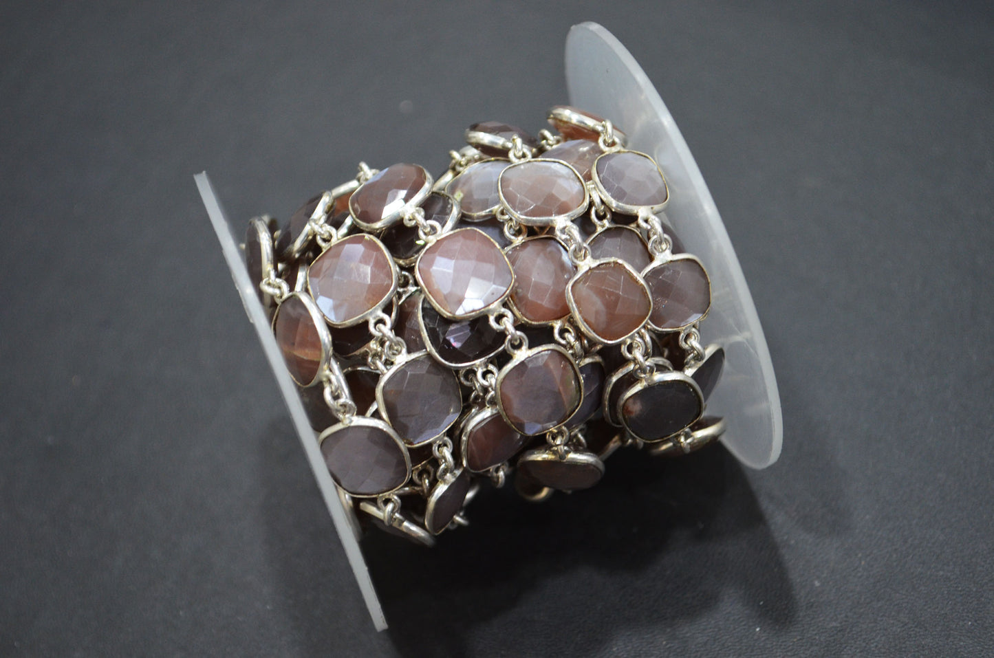 Chocolate Moonstone Faceted Connector Chain , Chocolate Moonstone Cushion Shape Bezel Link Chain , 10 - 12 mm , RB-5854