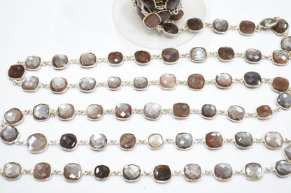 Chocolate Moonstone Faceted Connector Chain , Chocolate Moonstone Cushion Shape Bezel Link Chain , 10 - 12 mm , RB-5854