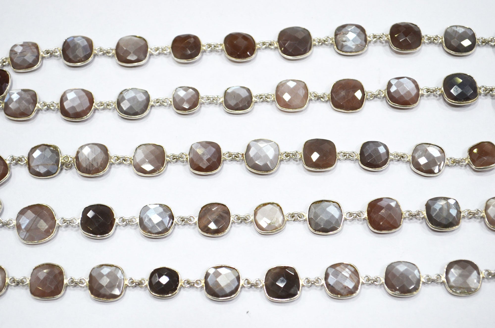 Chocolate Moonstone Faceted Connector Chain , Chocolate Moonstone Cushion Shape Bezel Link Chain , 10 - 12 mm , RB-5854