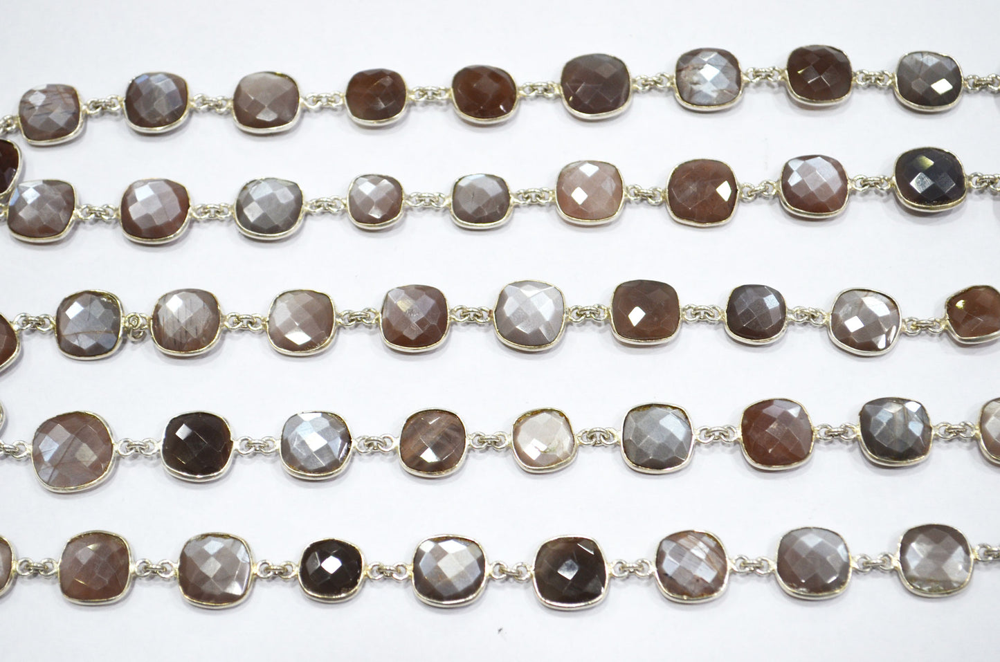 Chocolate Moonstone Faceted Connector Chain , Chocolate Moonstone Cushion Shape Bezel Link Chain , 10 - 12 mm , RB-5854