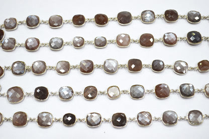 Chocolate Moonstone Faceted Connector Chain , Chocolate Moonstone Cushion Shape Bezel Link Chain , 10 - 12 mm , RB-5854