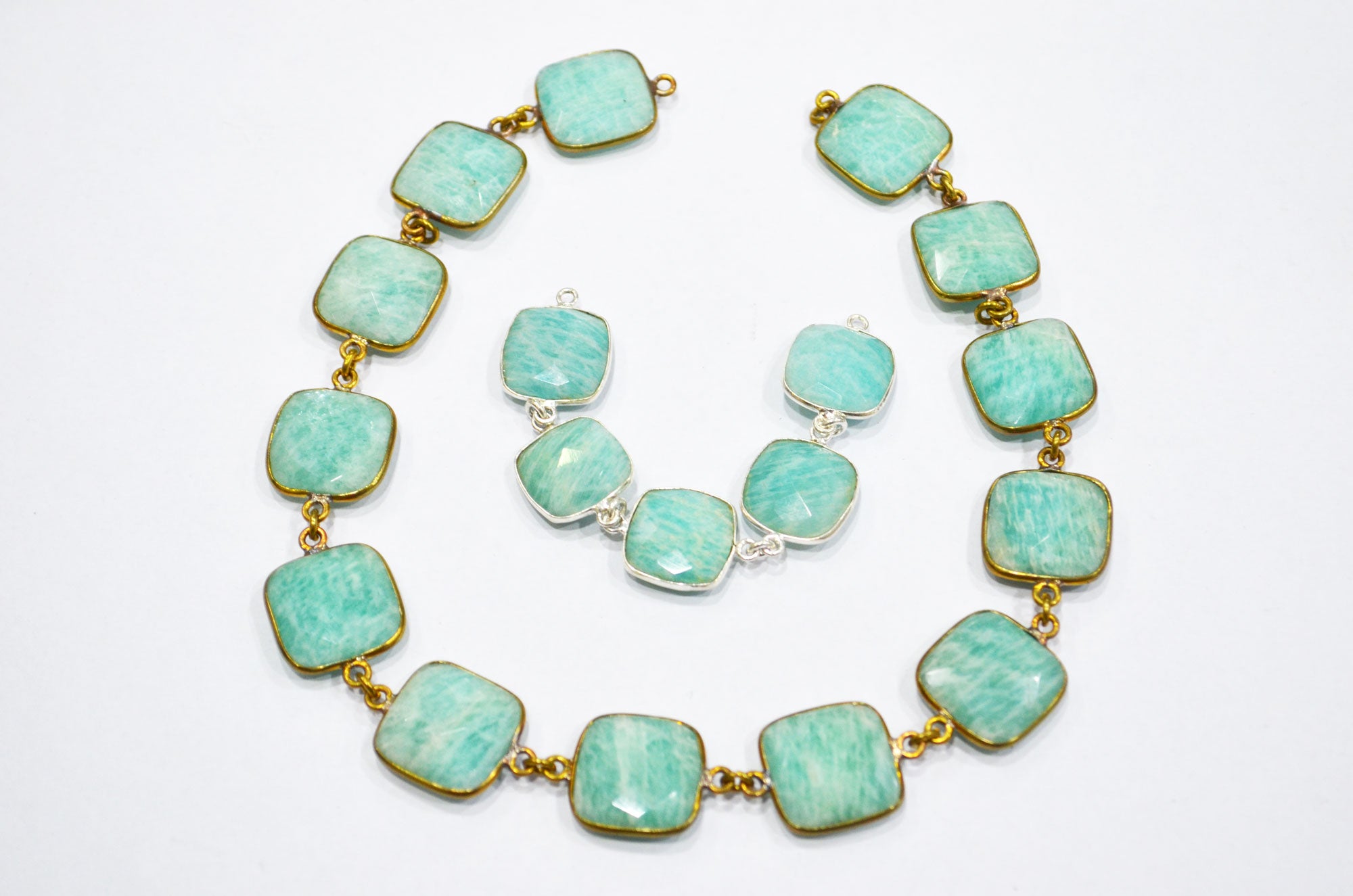 Amazonite Faceted Cushion Shape Connector Chain , 15 mm , RB-5855