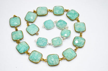 Amazonite Faceted Cushion Shape Connector Chain , 15 mm , RB-5855