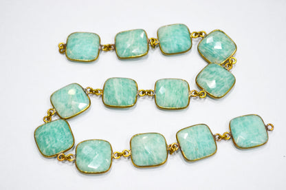 Amazonite Faceted Cushion Shape Connector Chain , 15 mm , RB-5855