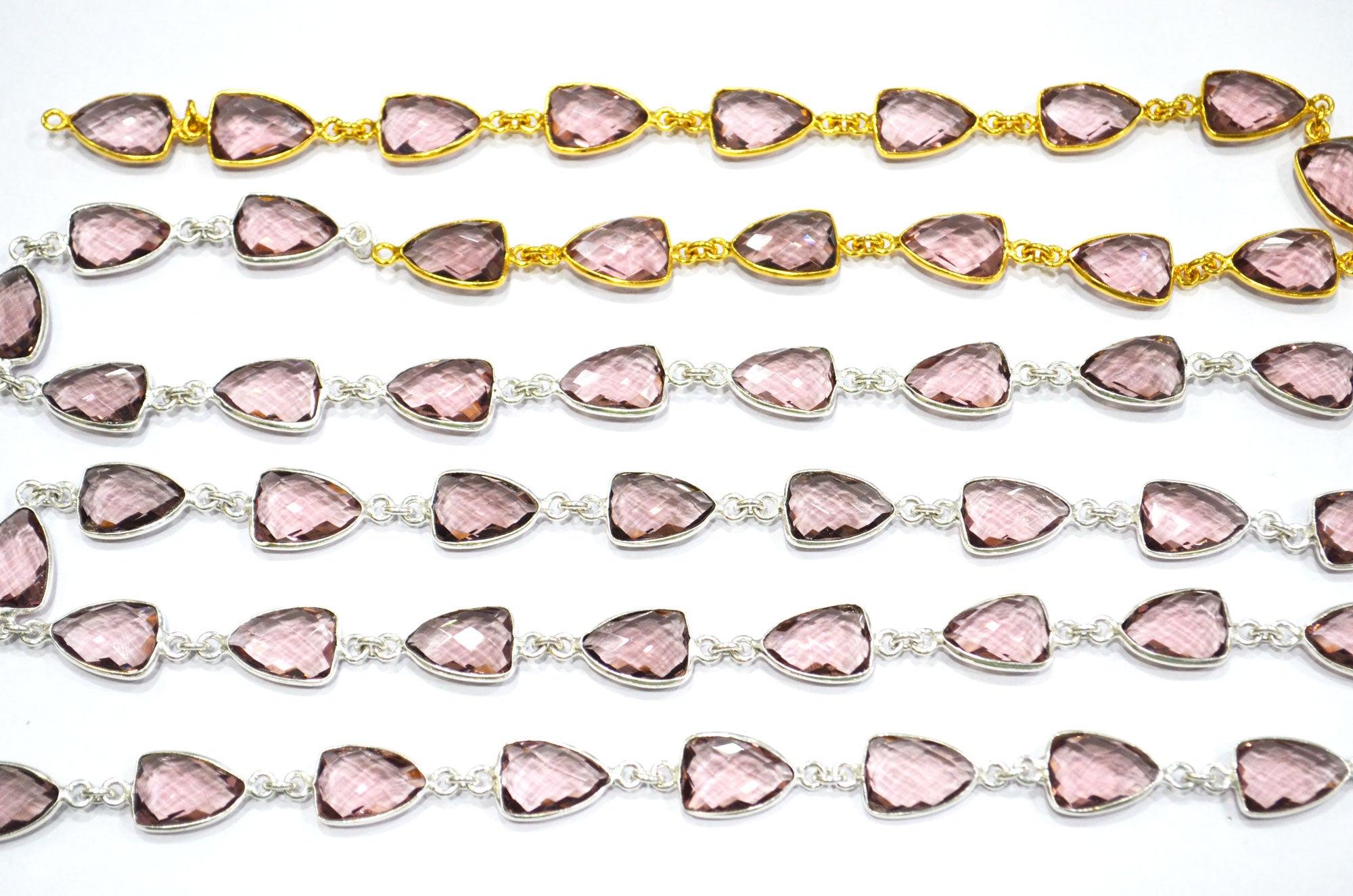 Morganite Hydro Quartz Faceted Trillion Shape Connector Chain , 10x13 mm , RB-5856