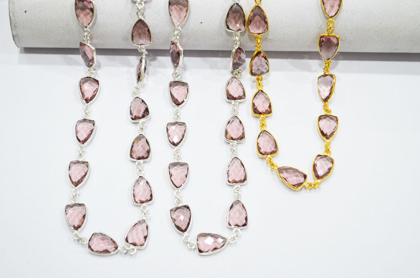 Morganite Hydro Quartz Faceted Trillion Shape Connector Chain , 10x13 mm , RB-5856