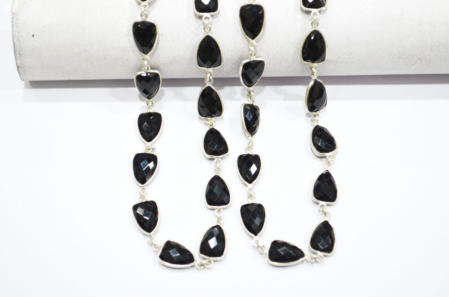 Black Onyx Hydro Quartz Faceted Trillion Shape Connector Chain , 10x13 mm , RB-5858